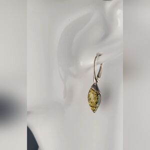 Vintage Green Natural Oval BALTIC AMBER Leverback Earrings - 925 STERLING SILVER